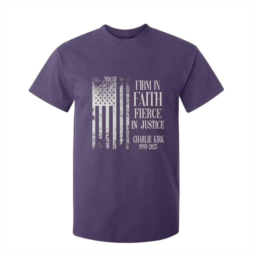 Charlie Kirk Patriotic Memorial T Shirt For Kid Firm in Faith Fierce in Justice American Flag TS02 Purple Print Your Wear