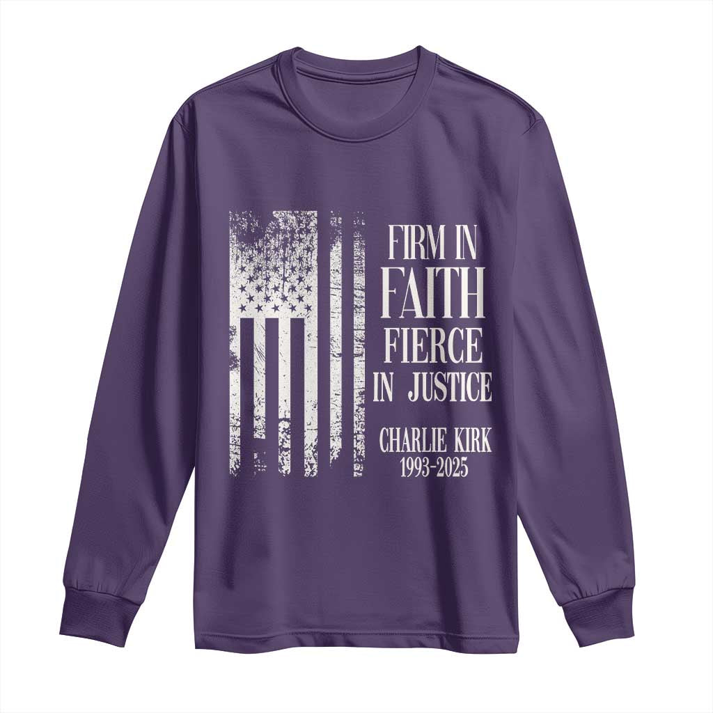 Charlie Kirk Patriotic Memorial Long Sleeve Shirt Firm in Faith Fierce in Justice American Flag TS02 Purple Print Your Wear