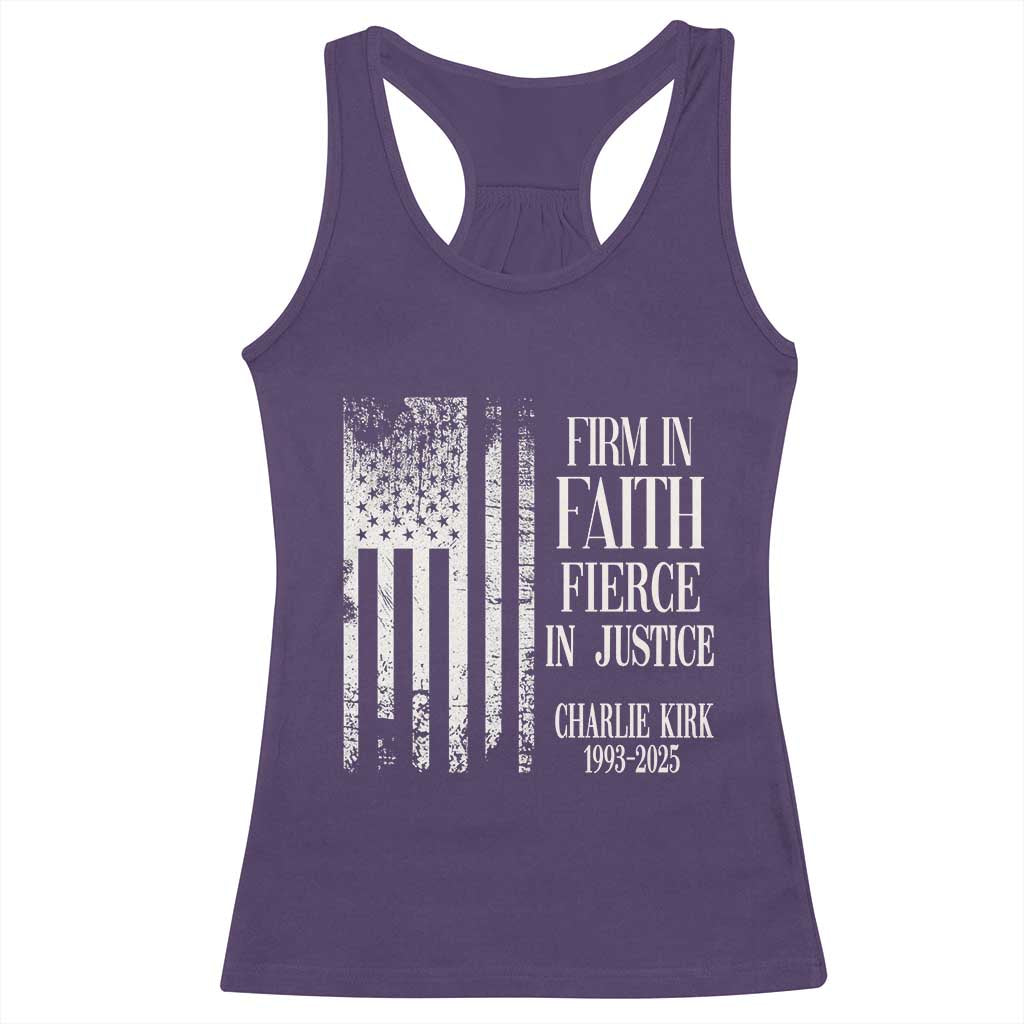 Charlie Kirk Patriotic Memorial Racerback Tank Top Firm in Faith Fierce in Justice American Flag TS02 Purple Print Your Wear