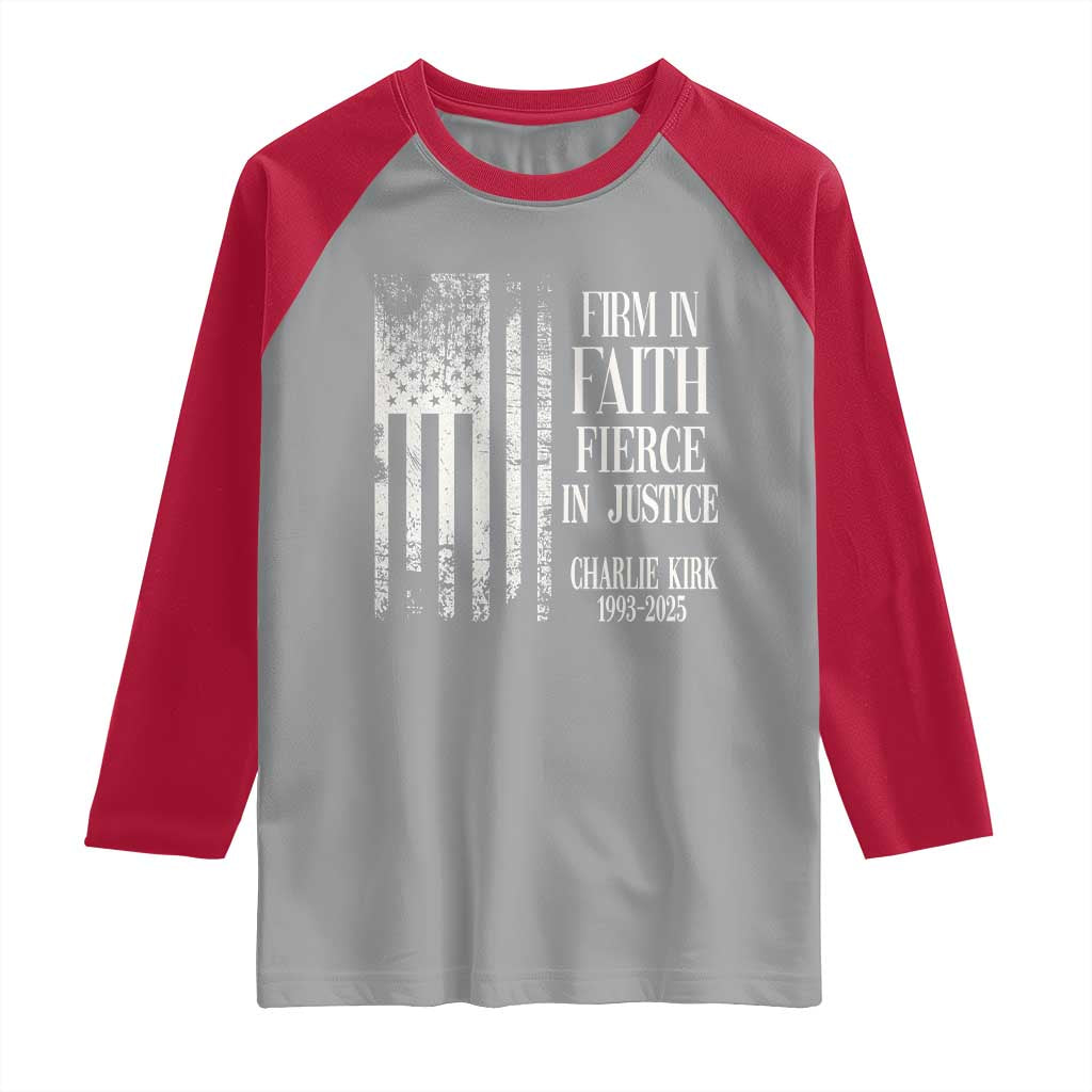 Charlie Kirk Patriotic Memorial Raglan Shirt Firm in Faith Fierce in Justice American Flag TS02 Sport Gray Red Print Your Wear