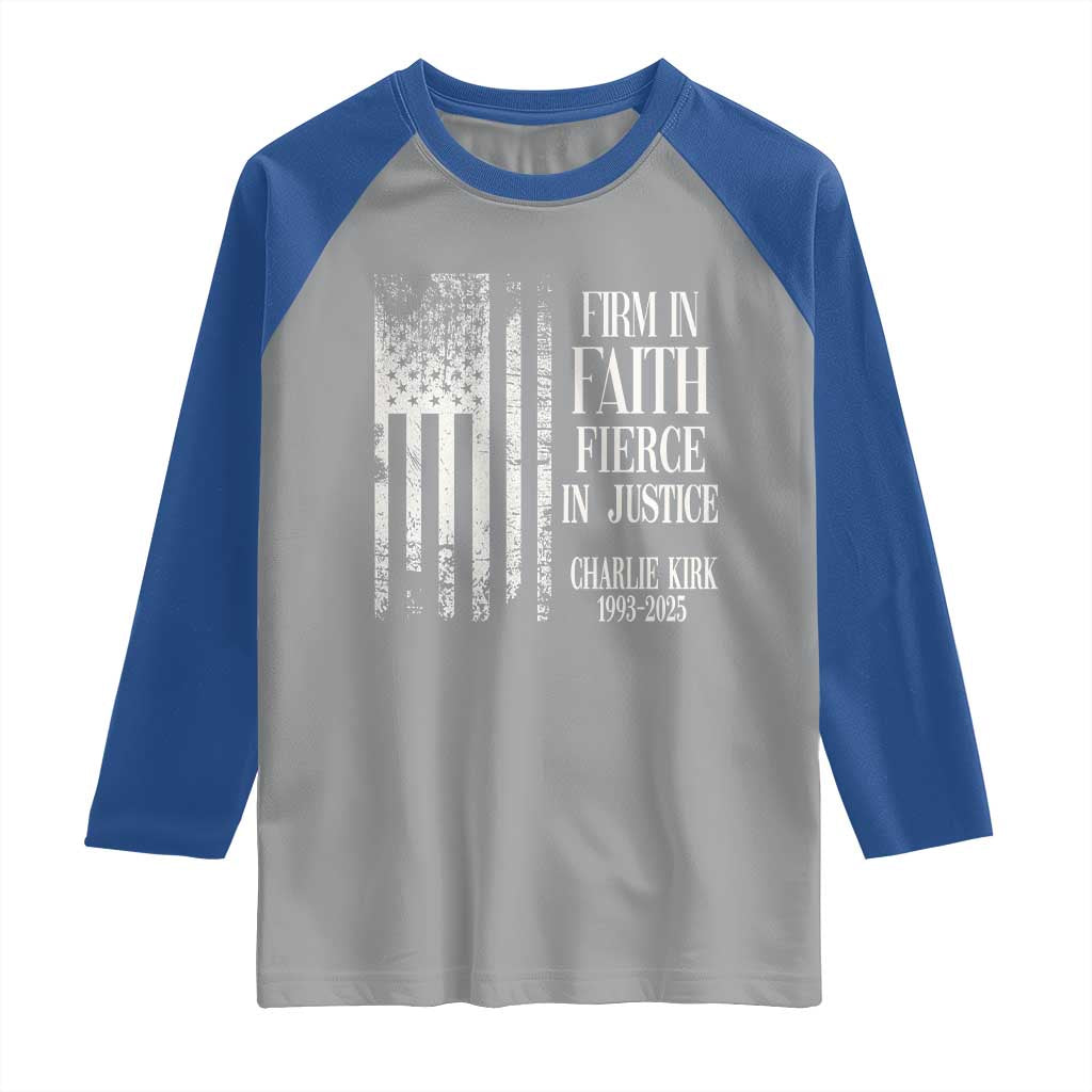 Charlie Kirk Patriotic Memorial Raglan Shirt Firm in Faith Fierce in Justice American Flag TS02 Sport Gray Royal Print Your Wear