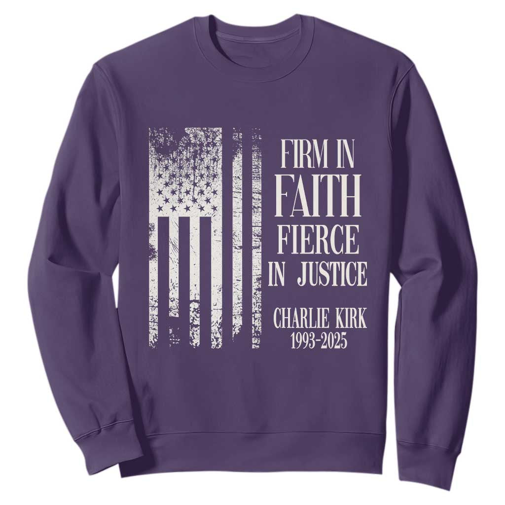 Charlie Kirk Patriotic Memorial Sweatshirt Firm in Faith Fierce in Justice American Flag TS02 Purple Print Your Wear