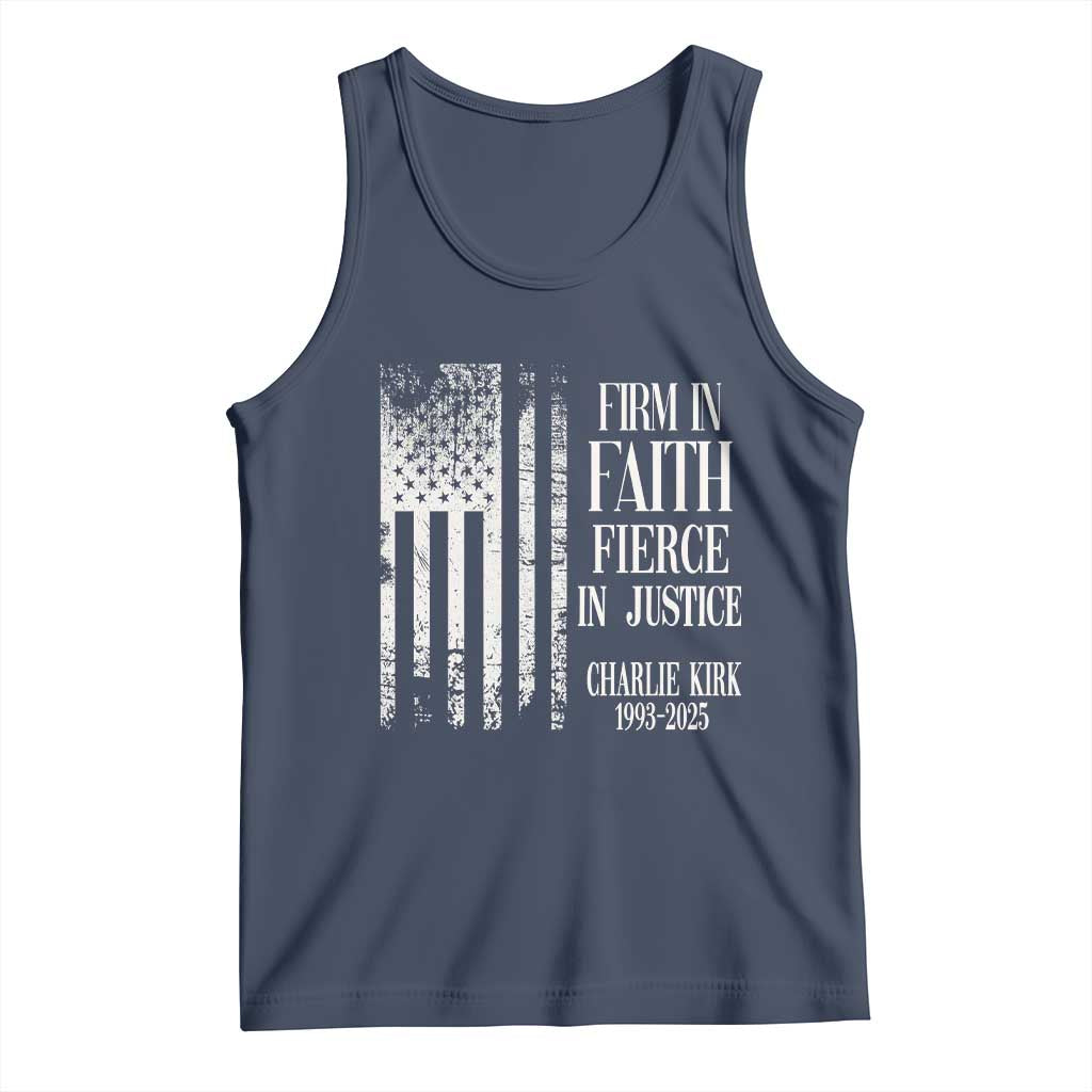 Charlie Kirk Patriotic Memorial Tank Top Firm in Faith Fierce in Justice American Flag TS02 Navy Print Your Wear