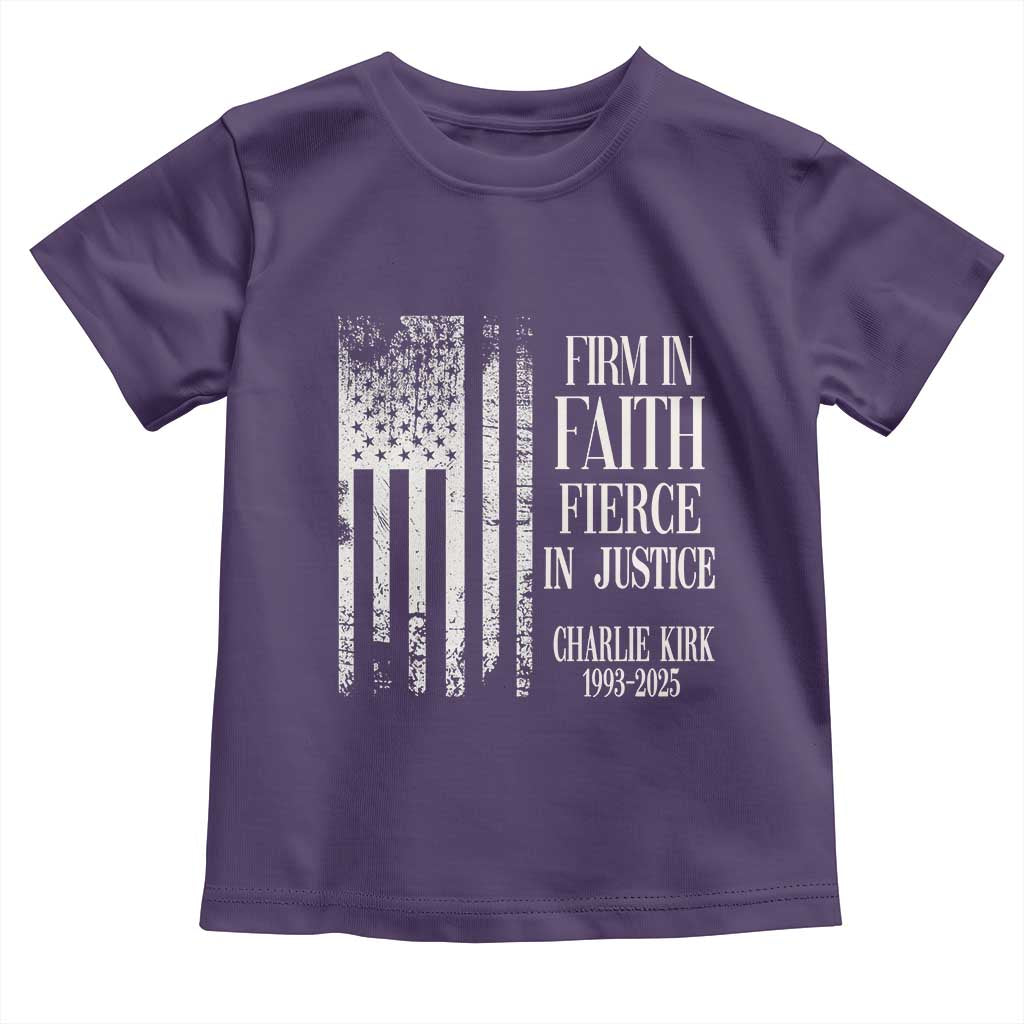Charlie Kirk Patriotic Memorial Toddler T Shirt Firm in Faith Fierce in Justice American Flag TS02 Purple Print Your Wear