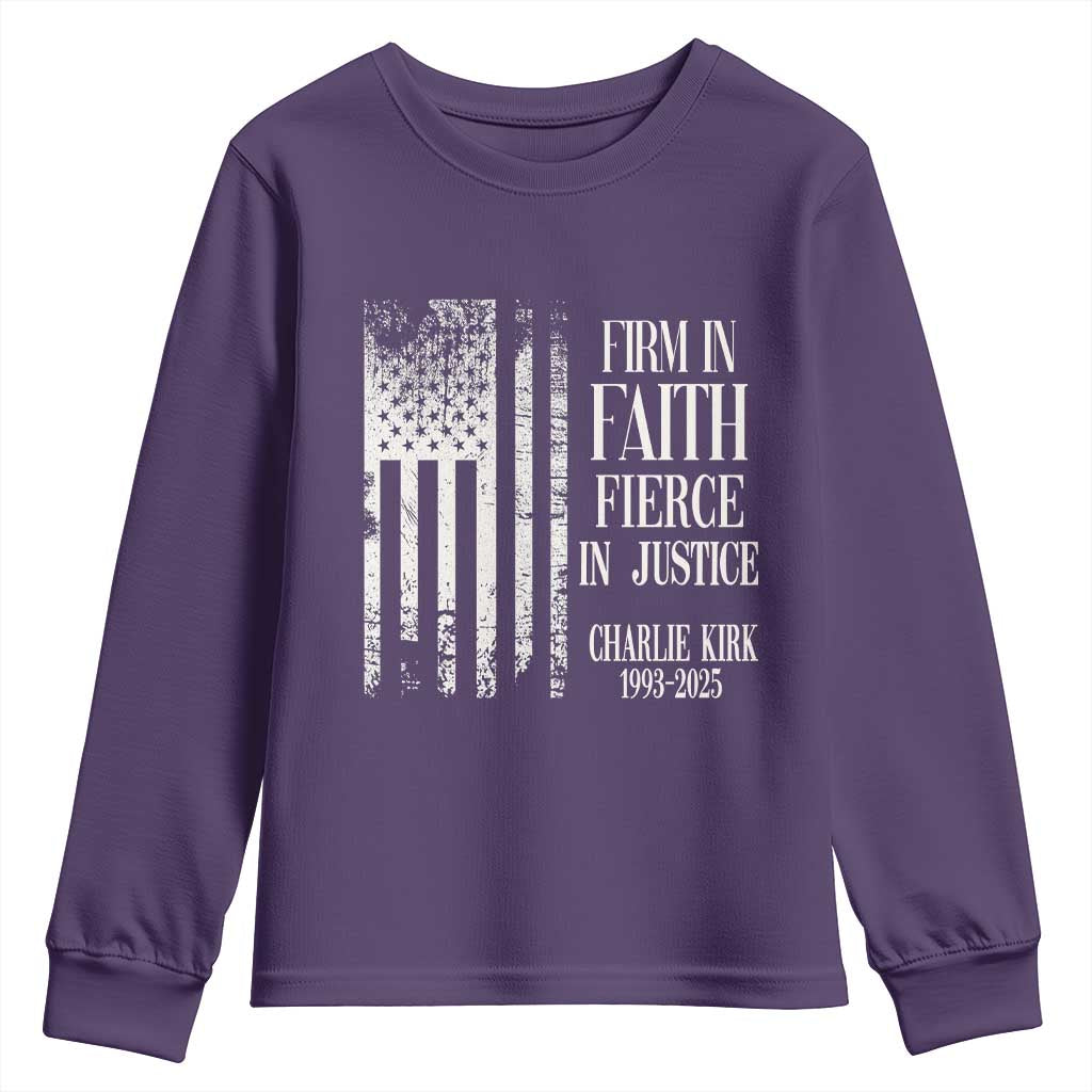Charlie Kirk Patriotic Memorial Youth Sweatshirt Firm in Faith Fierce in Justice American Flag TS02 Purple Print Your Wear