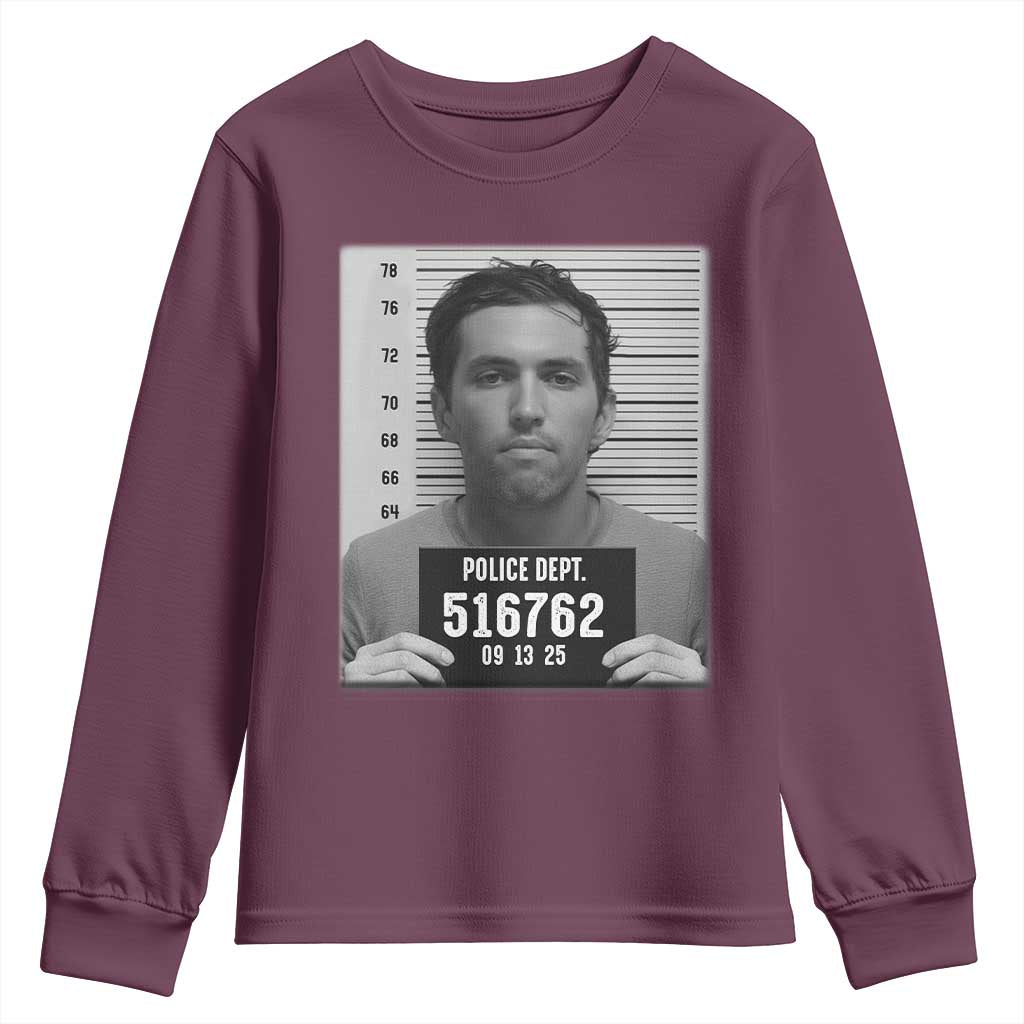 Tyler Robinson Mugshot Youth Sweatshirt Justice For Charlie Kirk TS02 Maroon Print Your Wear