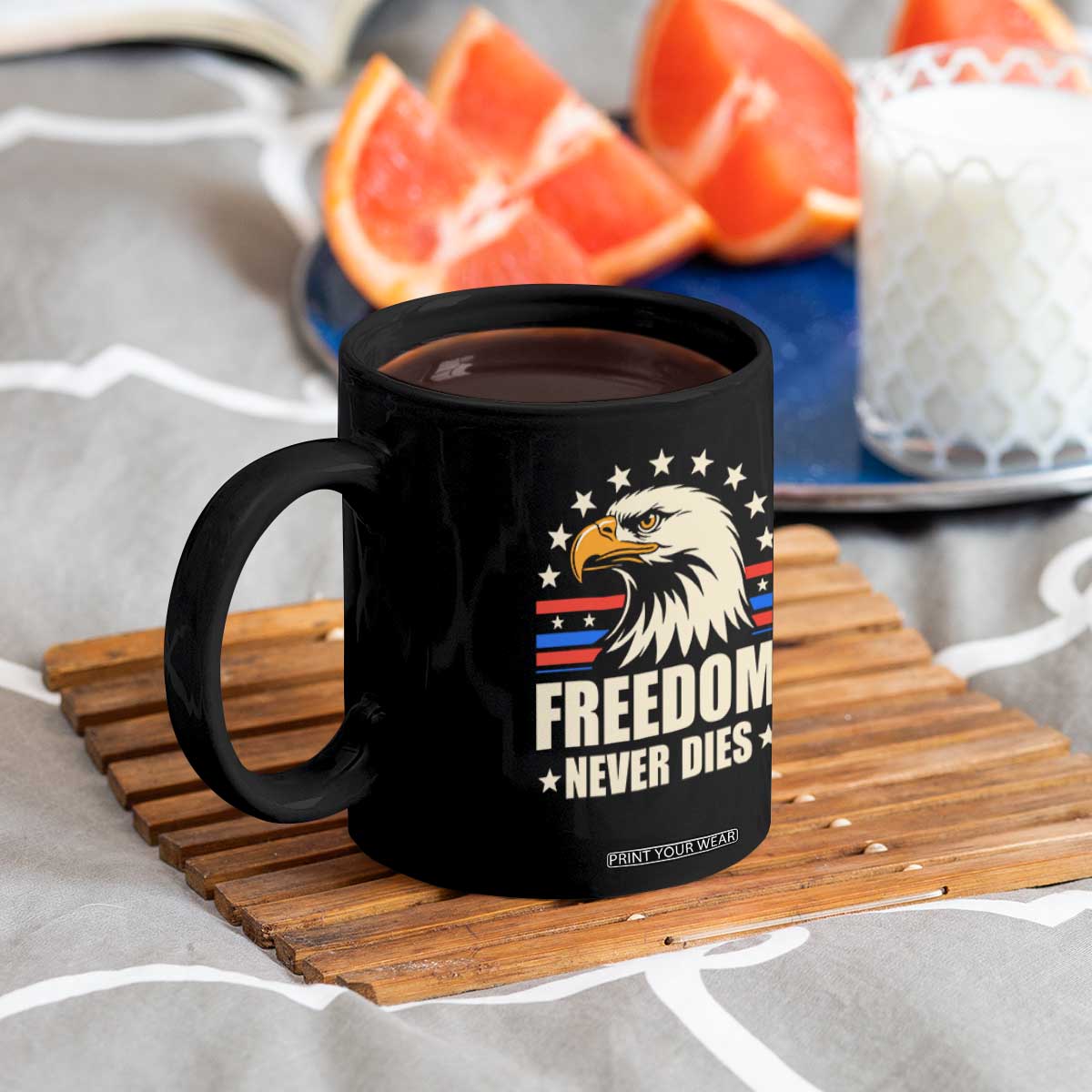 Freedom Never Dies Coffee Mug Bold Patriotic Eagle Graphic for True American Patriots TS02 Print Your Wear