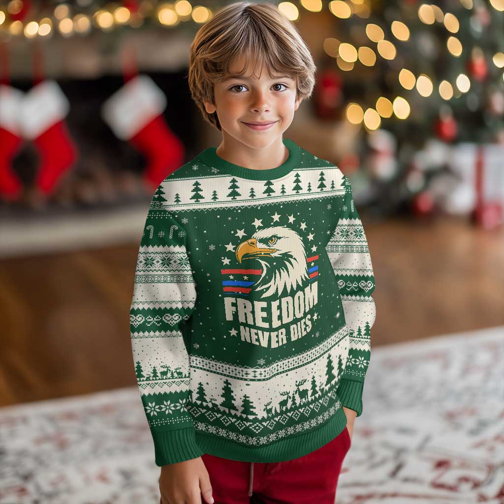 Freedom Never Dies Ugly Christmas Sweater Bold Patriotic Eagle Graphic for True American Patriots TS02 Forest Green Beige Print Your Wear