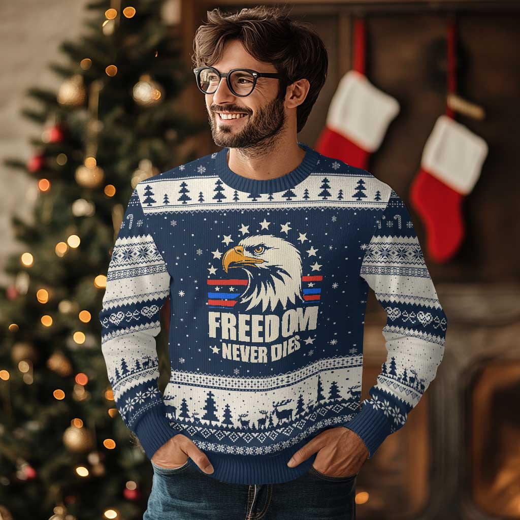 Freedom Never Dies Ugly Christmas Sweater Bold Patriotic Eagle Graphic for True American Patriots TS02 Navy Beige Print Your Wear