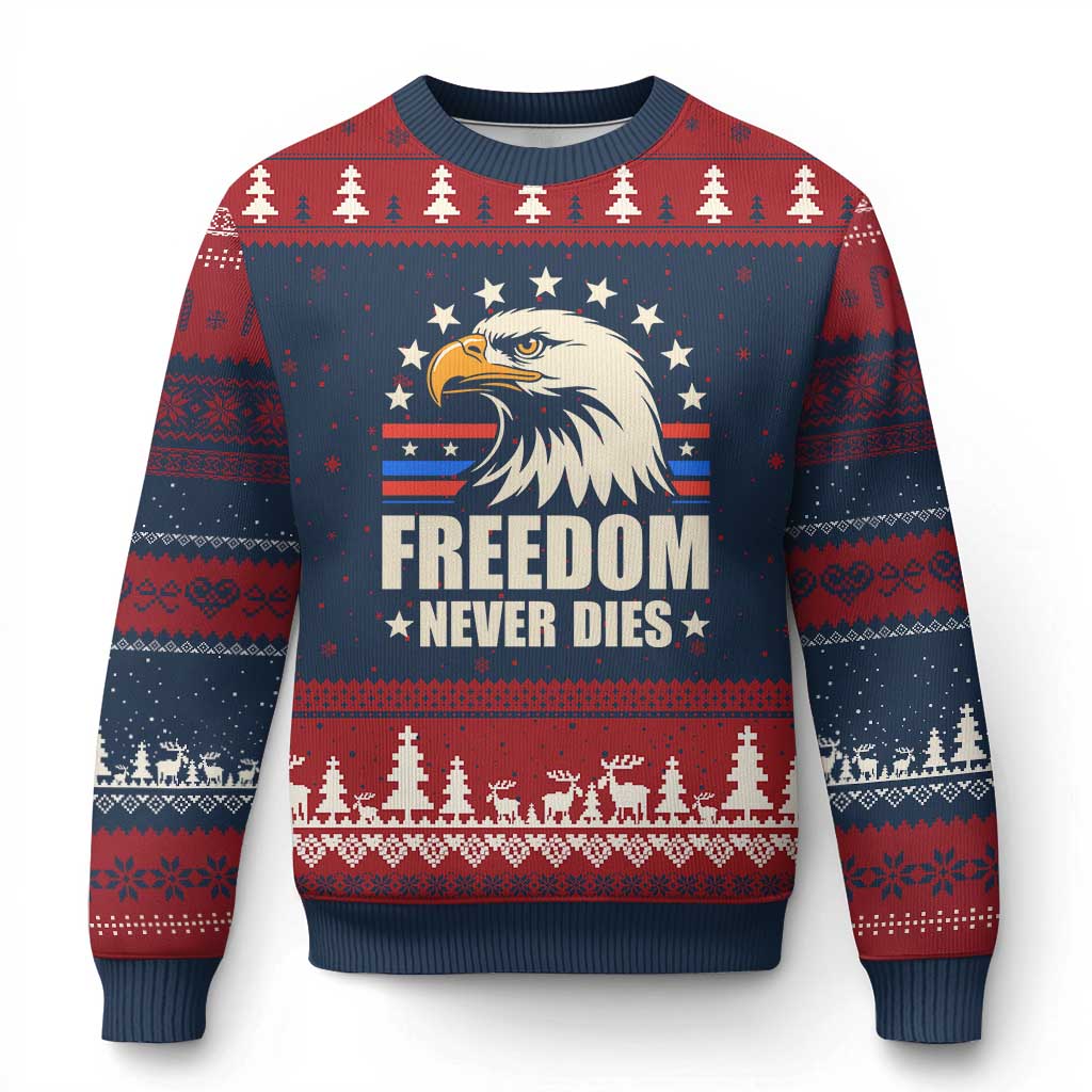 Freedom Never Dies Ugly Christmas Sweater Bold Patriotic Eagle Graphic for True American Patriots TS02 Navy Red Print Your Wear