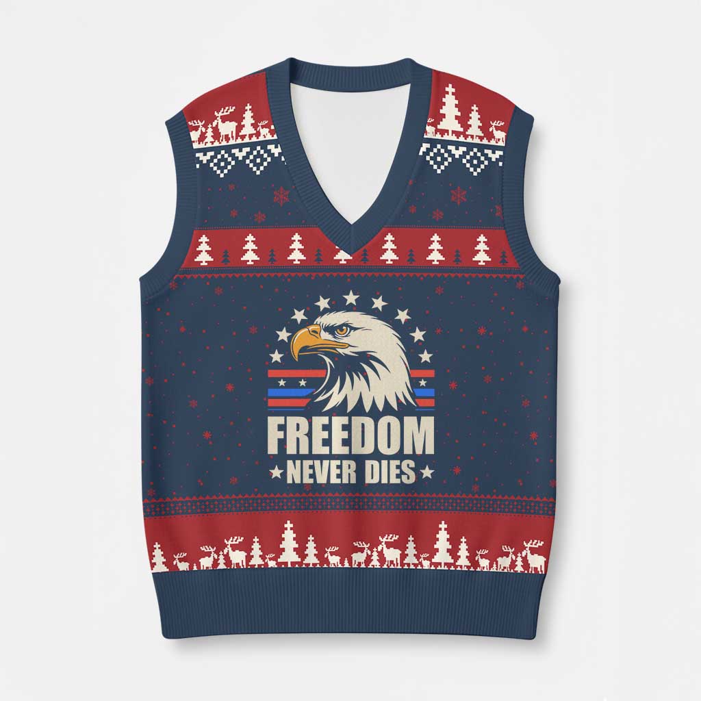 Freedom Never Dies V-Neck Knit Sweater Vest Bold Patriotic Eagle Graphic for True American Patriots TS02 Navy Red Print Your Wear