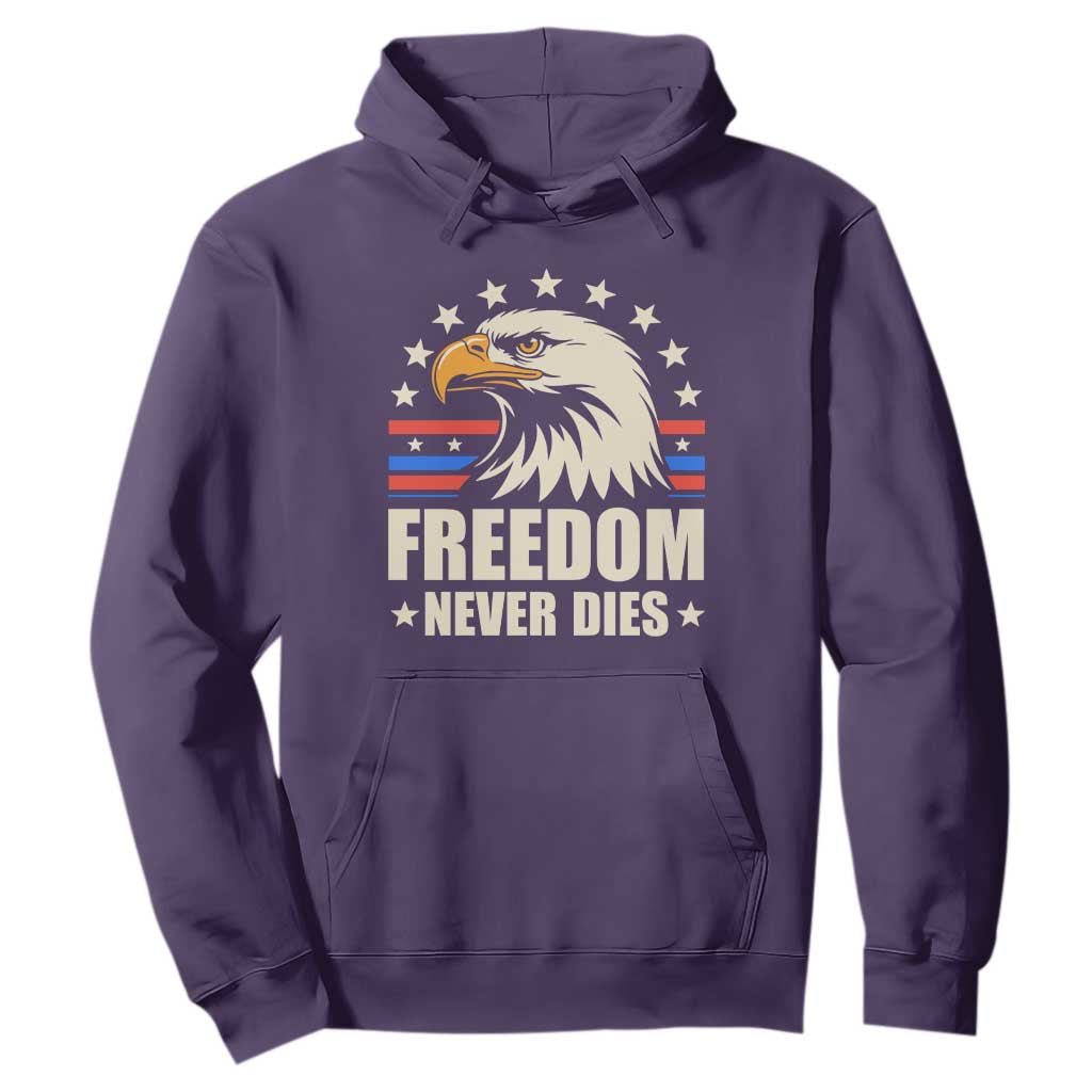 Freedom Never Dies Hoodie Bold Patriotic Eagle Graphic for True American Patriots TS02 Purple Print Your Wear