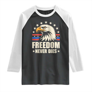 Freedom Never Dies Raglan Shirt Bold Patriotic Eagle Graphic for True American Patriots TS02 Black White Print Your Wear