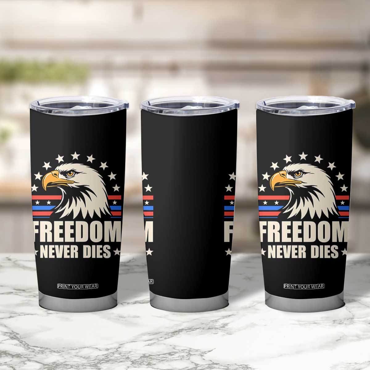 Freedom Never Dies Tumbler Cup Bold Patriotic Eagle Graphic for True American Patriots TS02 Print Your Wear