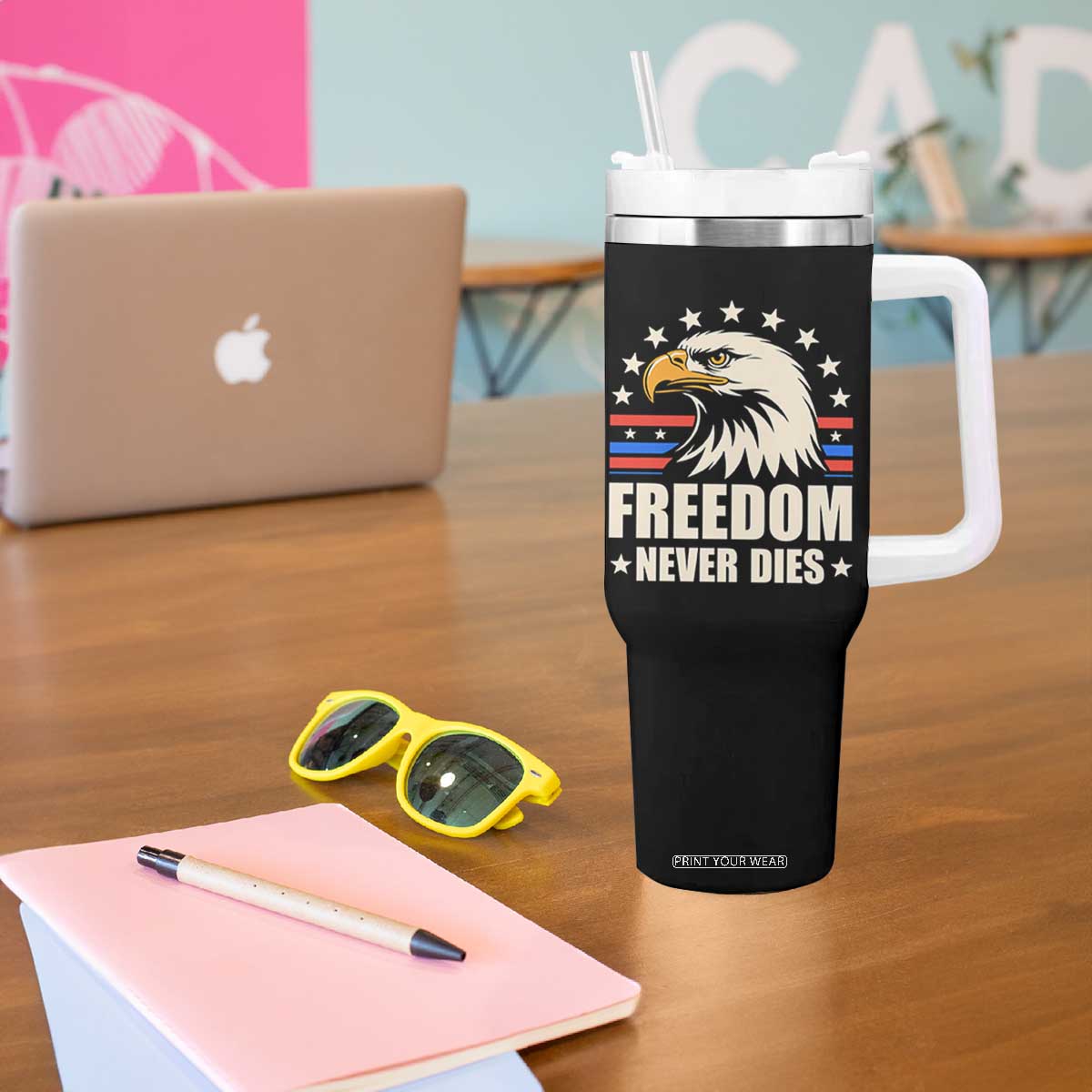 Freedom Never Dies Tumbler With Handle Bold Patriotic Eagle Graphic for True American Patriots TS02 Print Your Wear