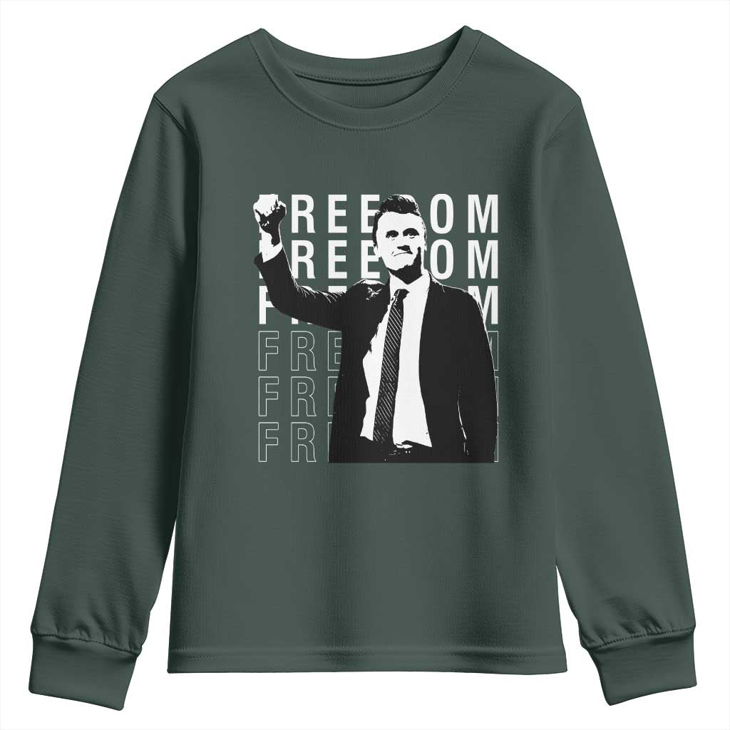 Freedom Charlie Kirk Tribute Youth Sweatshirt A True Patriot Leagacy Memorial TS02 Dark Forest Green Print Your Wear