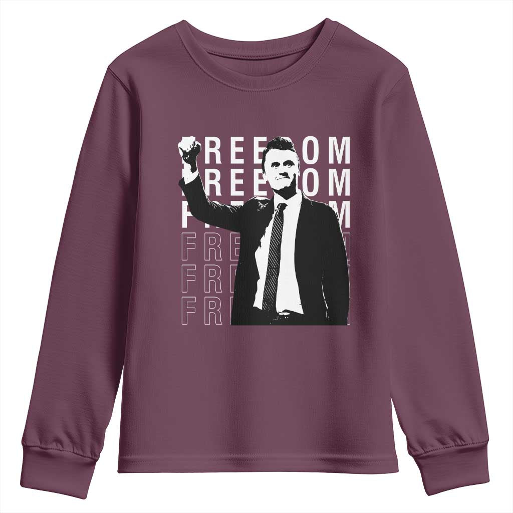 Freedom Charlie Kirk Tribute Youth Sweatshirt A True Patriot Leagacy Memorial TS02 Maroon Print Your Wear