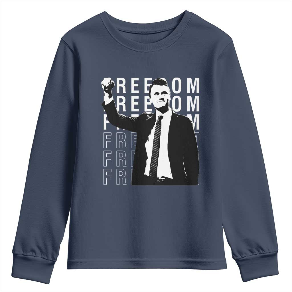 Freedom Charlie Kirk Tribute Youth Sweatshirt A True Patriot Leagacy Memorial TS02 Navy Print Your Wear