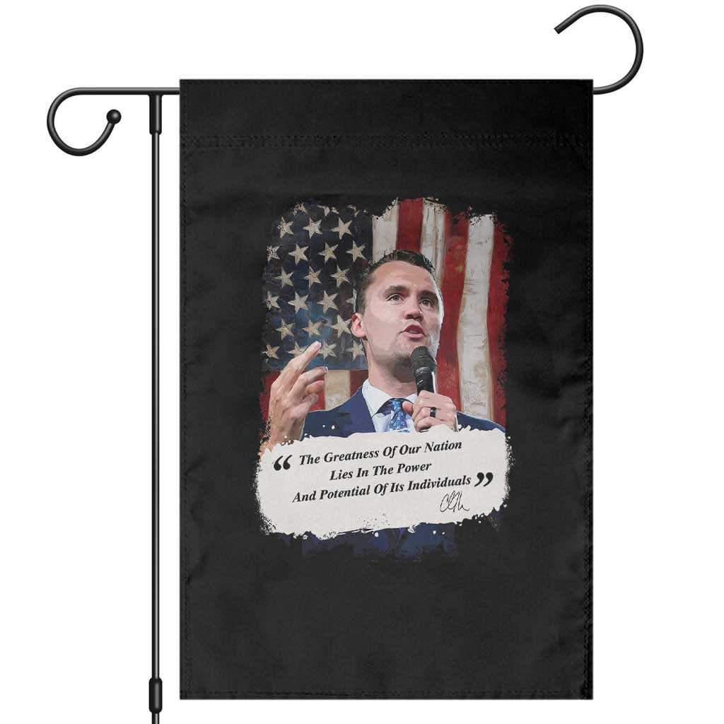 Patriotic Charlie Kirk Legacy Garden Flag The Greatness of America Power of the People TS02 Black Print Your Wear