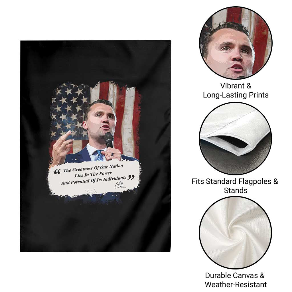 Patriotic Charlie Kirk Legacy Garden Flag The Greatness of America Power of the People TS02 Print Your Wear