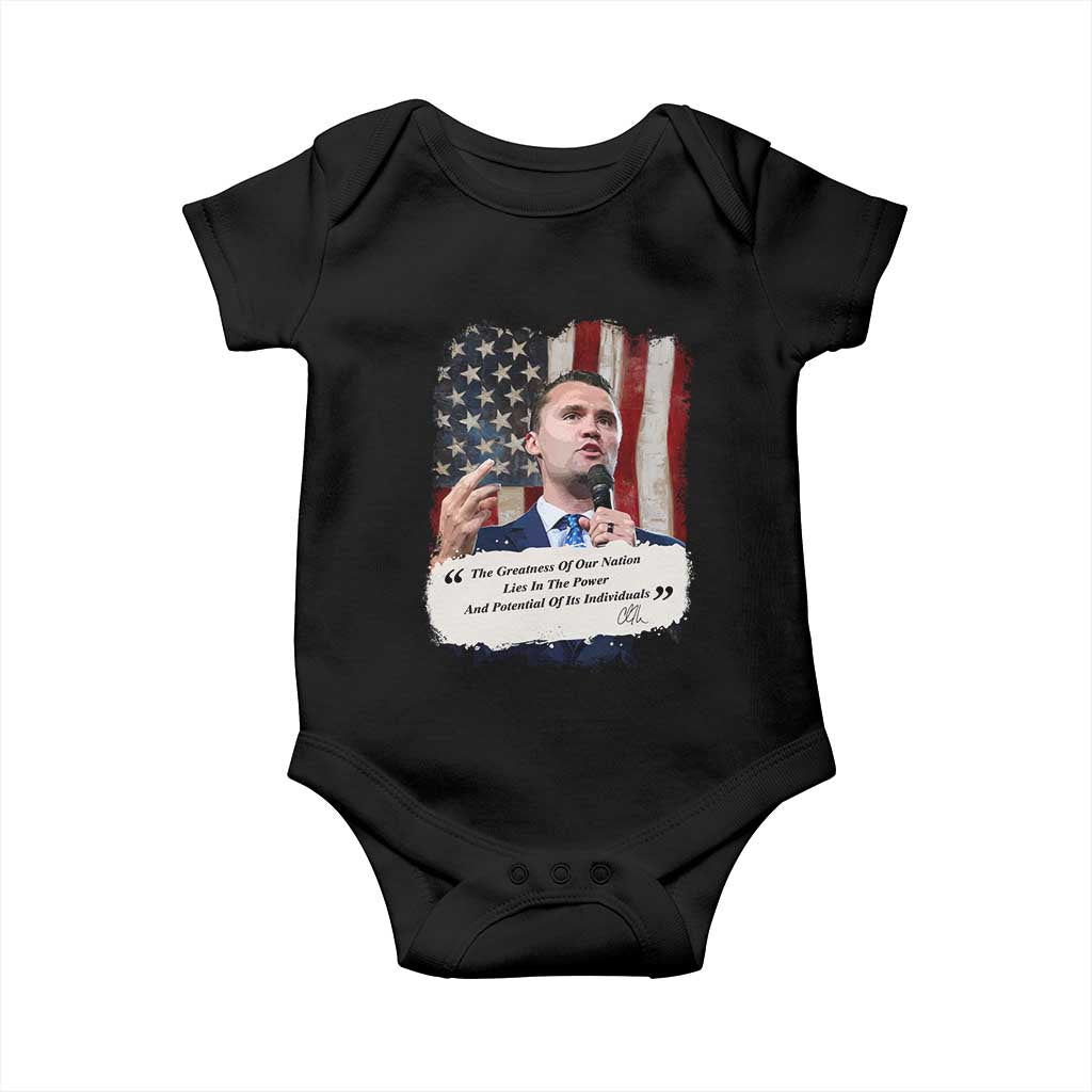 Patriotic Charlie Kirk Legacy Baby Onesie The Greatness of America Power of the People TS02 Black Print Your Wear