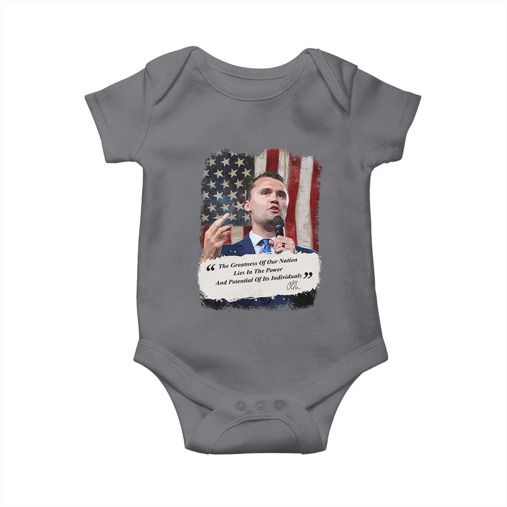 Patriotic Charlie Kirk Legacy Baby Onesie The Greatness of America Power of the People TS02 Charcoal Print Your Wear