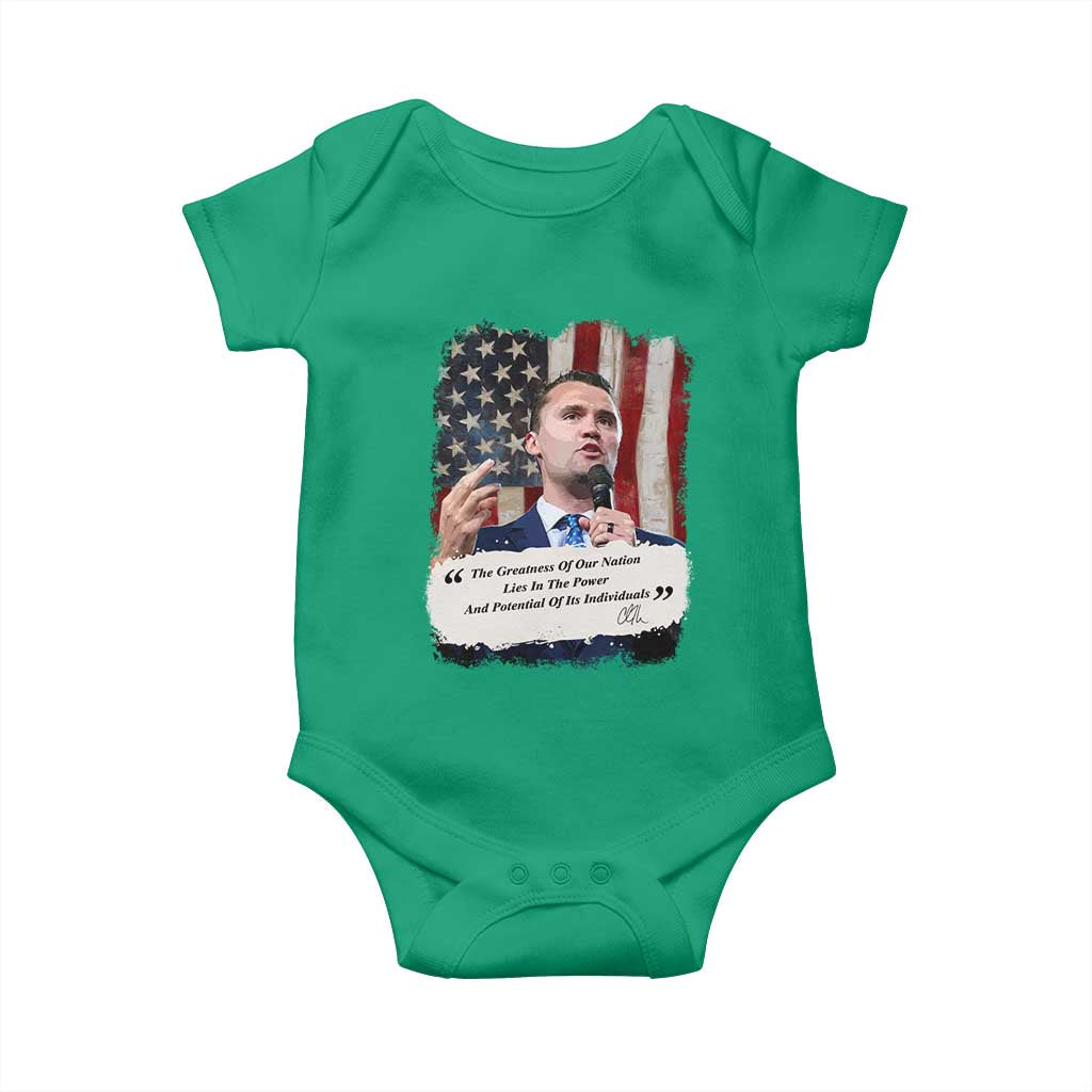 Patriotic Charlie Kirk Legacy Baby Onesie The Greatness of America Power of the People TS02 Irish Green Print Your Wear