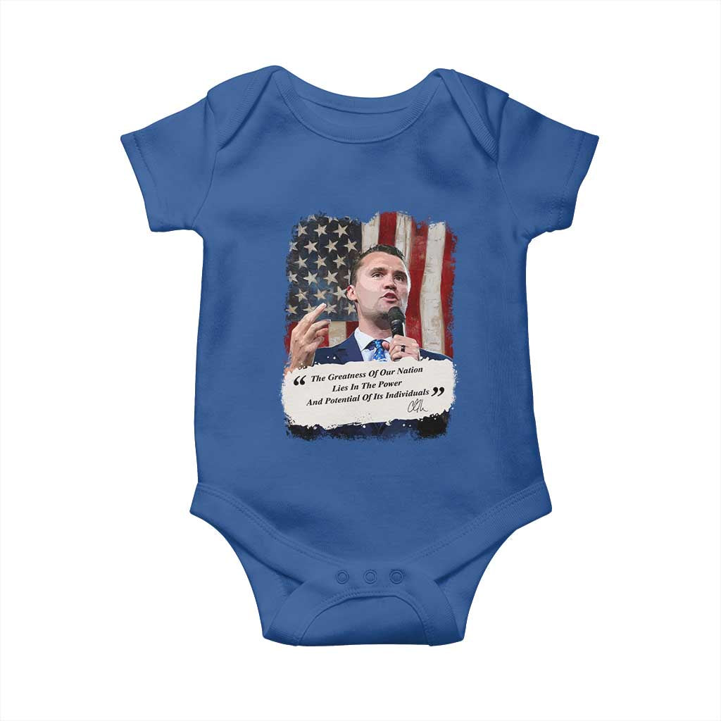 Patriotic Charlie Kirk Legacy Baby Onesie The Greatness of America Power of the People TS02 Royal Blue Print Your Wear