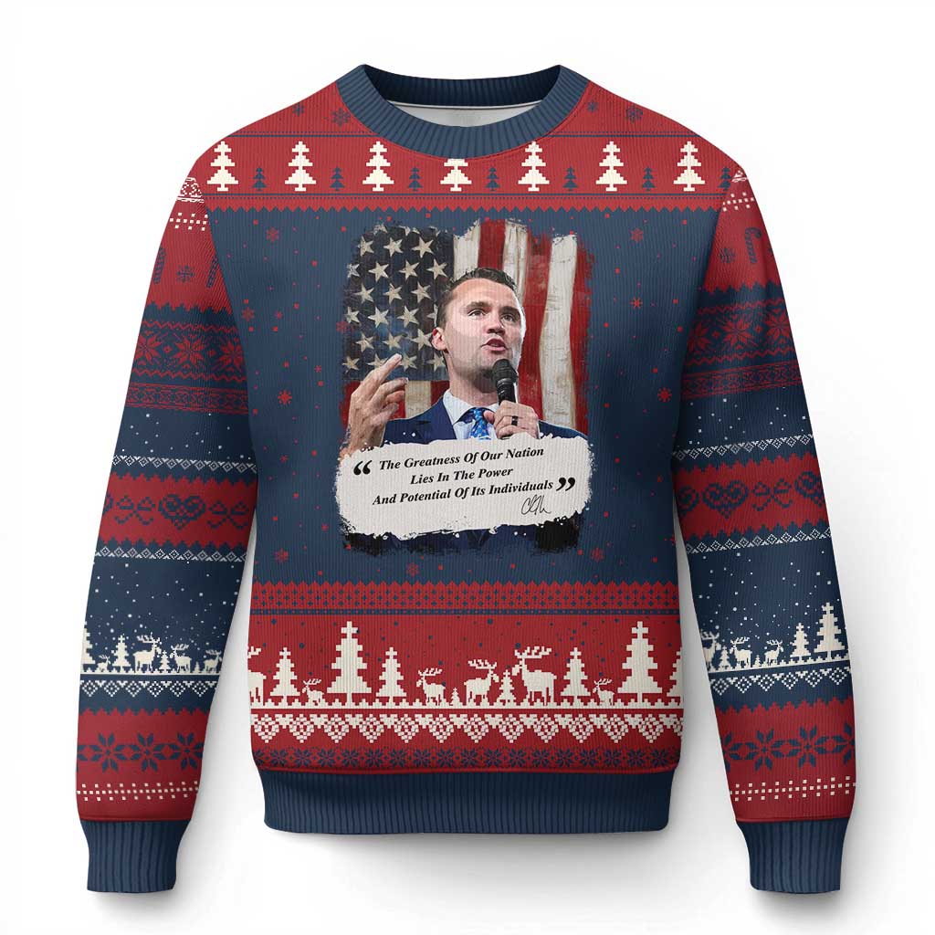 Patriotic Charlie Kirk Legacy Ugly Christmas Sweater The Greatness of America Power of the People TS02 Navy Red Print Your Wear