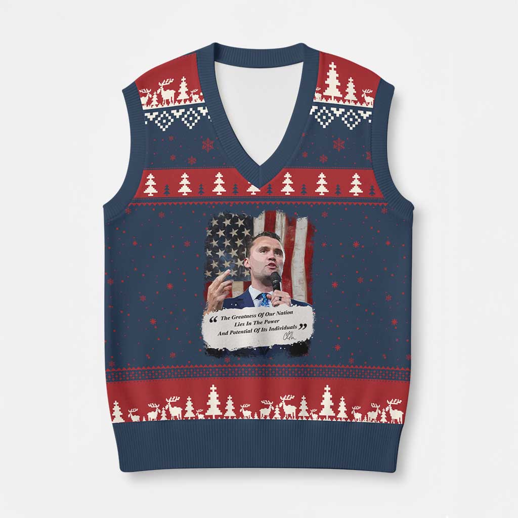 Patriotic Charlie Kirk Legacy V-Neck Knit Sweater Vest The Greatness of America Power of the People TS02 Navy Red Print Your Wear