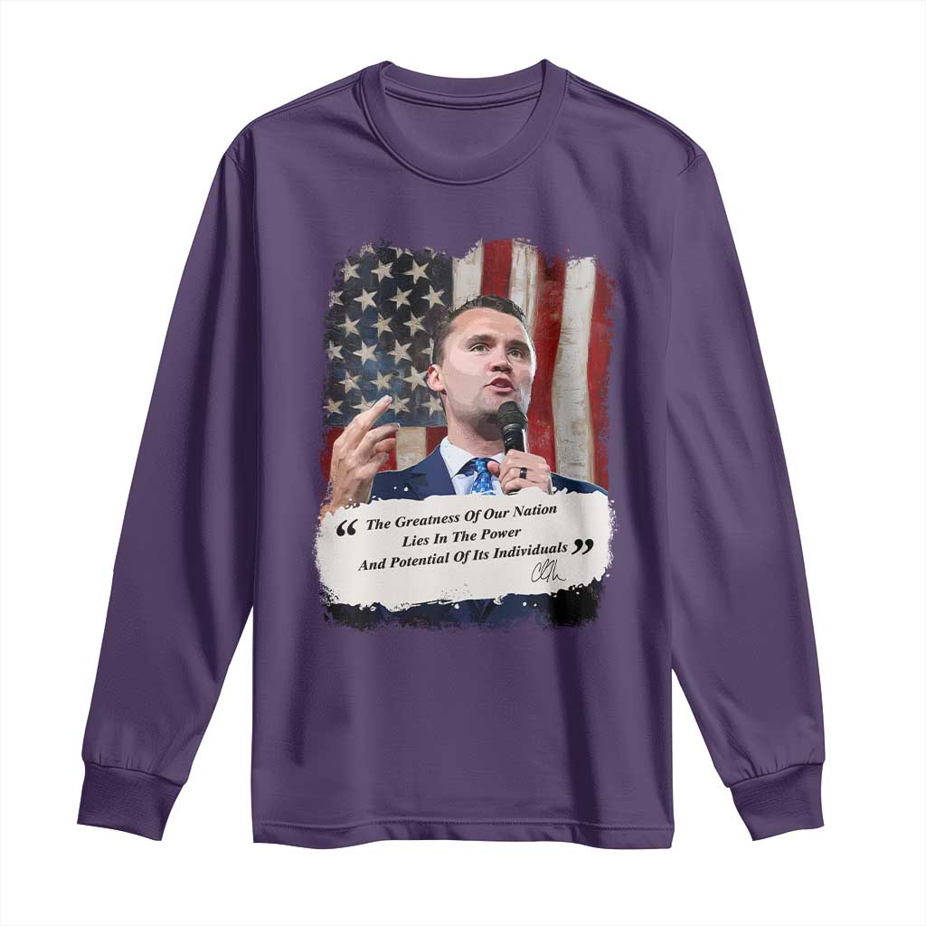 Patriotic Charlie Kirk Legacy Long Sleeve Shirt The Greatness of America Power of the People TS02 Purple Print Your Wear