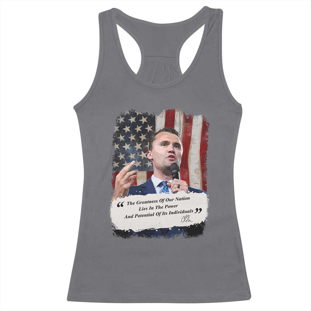 Patriotic Charlie Kirk Legacy Racerback Tank Top The Greatness of America Power of the People TS02 Charcoal Print Your Wear