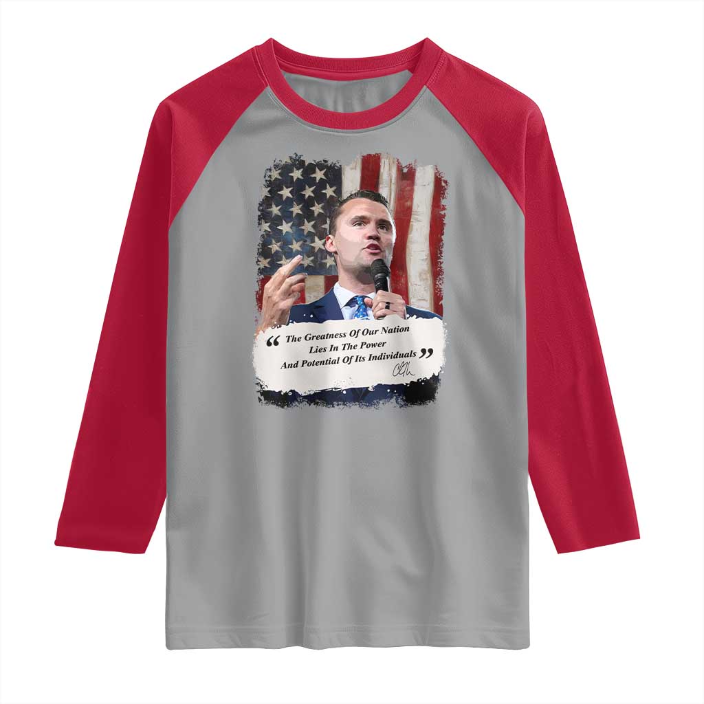 Patriotic Charlie Kirk Legacy Raglan Shirt The Greatness of America Power of the People TS02 Sport Gray Red Print Your Wear