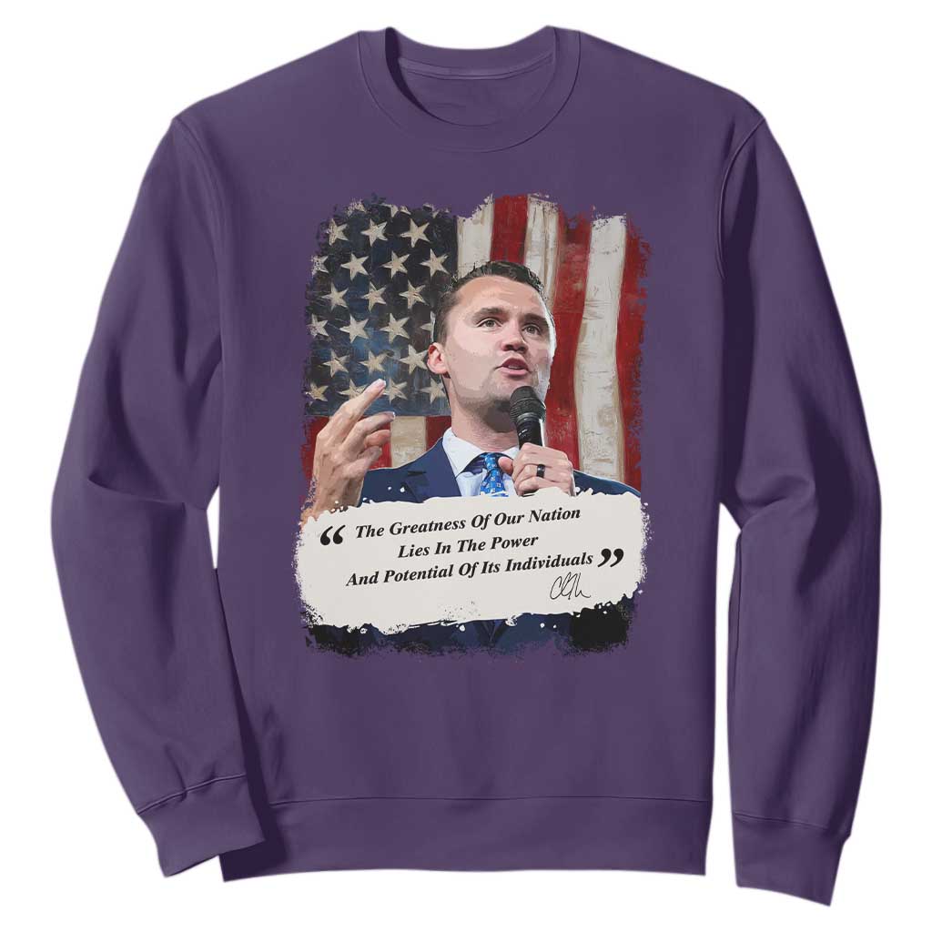 Patriotic Charlie Kirk Legacy Sweatshirt The Greatness of America Power of the People TS02 Purple Print Your Wear