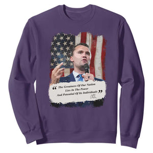 Patriotic Charlie Kirk Legacy Sweatshirt The Greatness of America Power of the People TS02 Purple Print Your Wear
