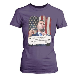 Patriotic Charlie Kirk Legacy T Shirt For Women The Greatness of America Power of the People TS02 Purple Print Your Wear