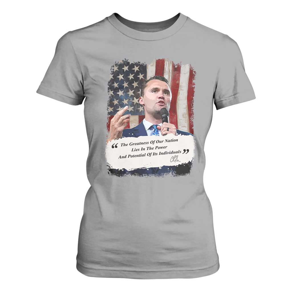Patriotic Charlie Kirk Legacy T Shirt For Women The Greatness of America Power of the People TS02 Sport Gray Print Your Wear