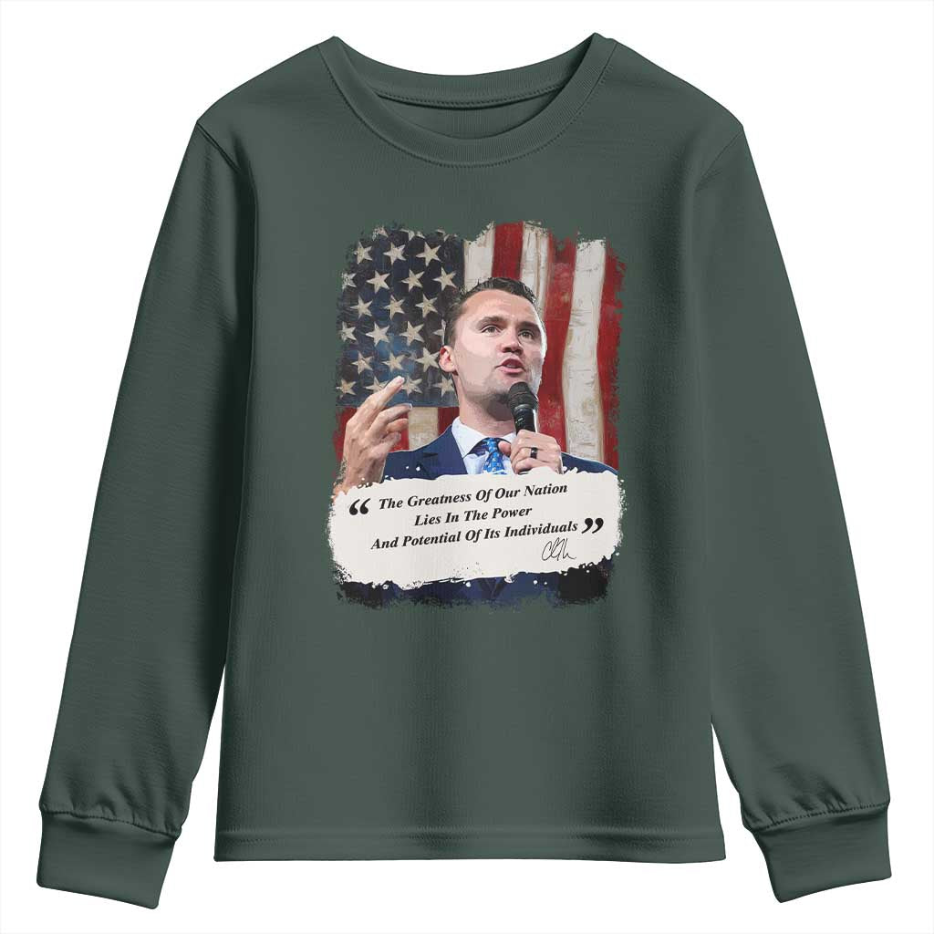 Patriotic Charlie Kirk Legacy Youth Sweatshirt The Greatness of America Power of the People TS02 Dark Forest Green Print Your Wear