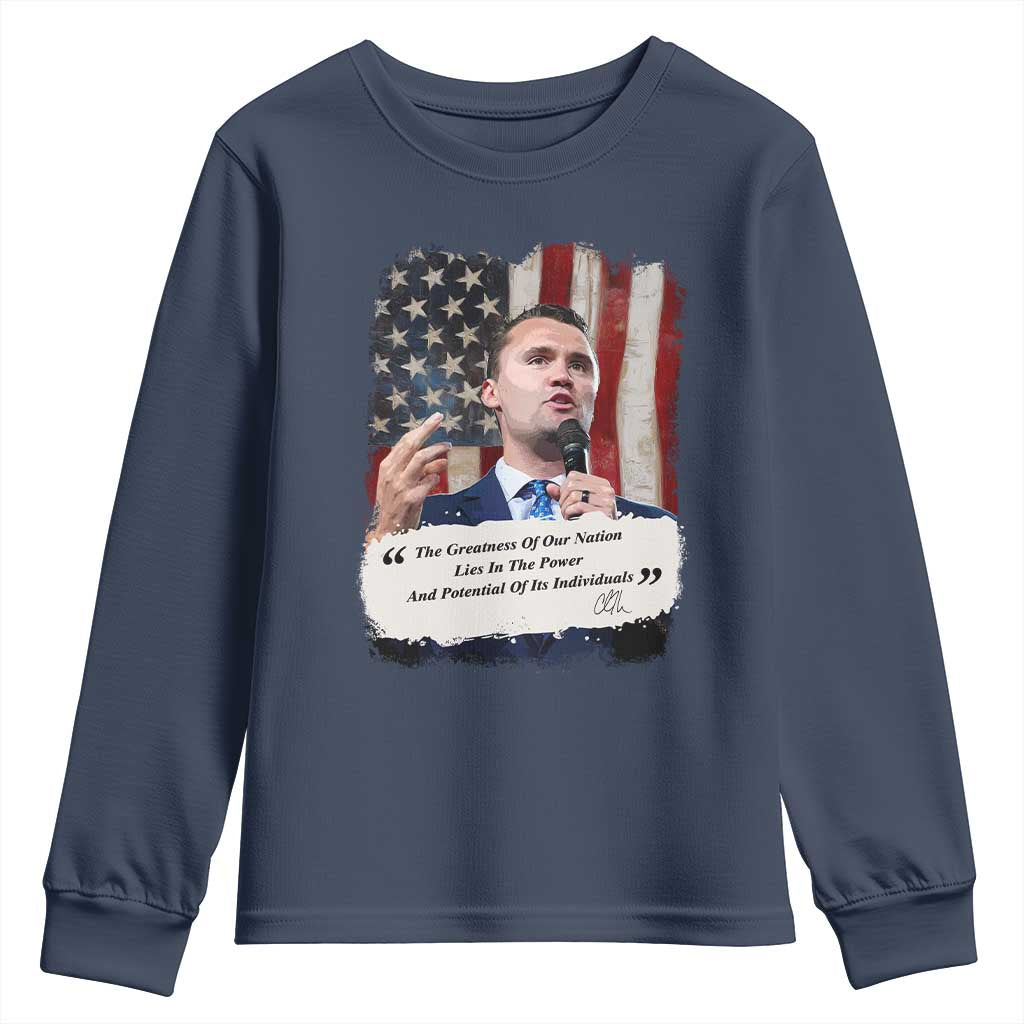 Patriotic Charlie Kirk Legacy Youth Sweatshirt The Greatness of America Power of the People TS02 Navy Print Your Wear
