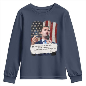 Patriotic Charlie Kirk Legacy Youth Sweatshirt The Greatness of America Power of the People TS02 Navy Print Your Wear