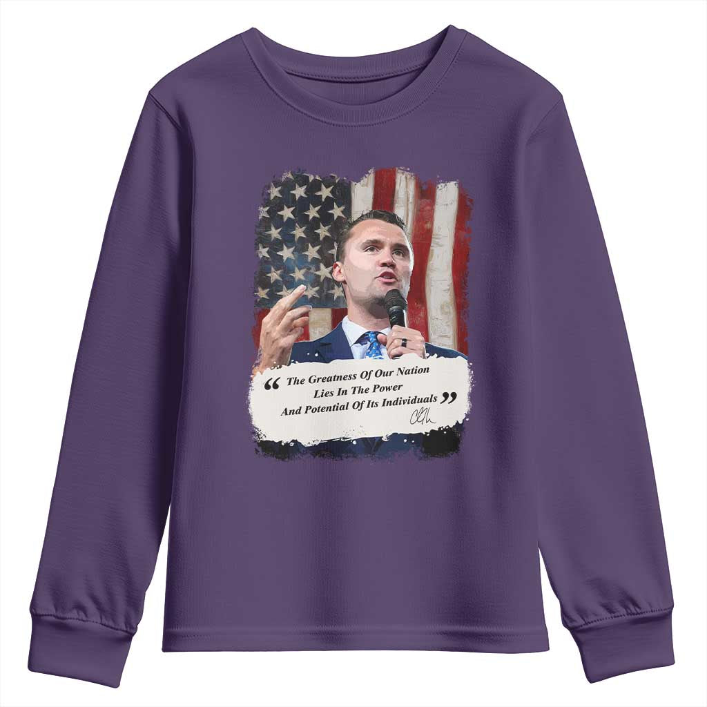 Patriotic Charlie Kirk Legacy Youth Sweatshirt The Greatness of America Power of the People TS02 Purple Print Your Wear