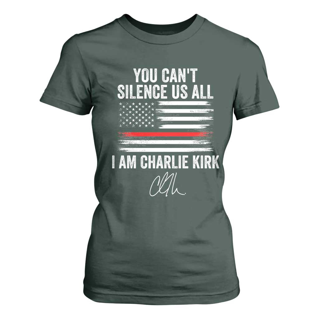 I Am Charlie Kirk T Shirt For Women You Cant Silence Us All Patriotic American Flag TS02 Dark Forest Green Print Your Wear