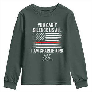 I Am Charlie Kirk Youth Sweatshirt You Cant Silence Us All Patriotic American Flag TS02 Dark Forest Green Print Your Wear