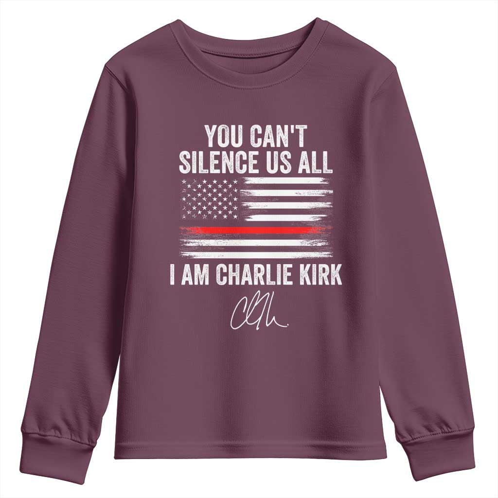 I Am Charlie Kirk Youth Sweatshirt You Cant Silence Us All Patriotic American Flag TS02 Maroon Print Your Wear