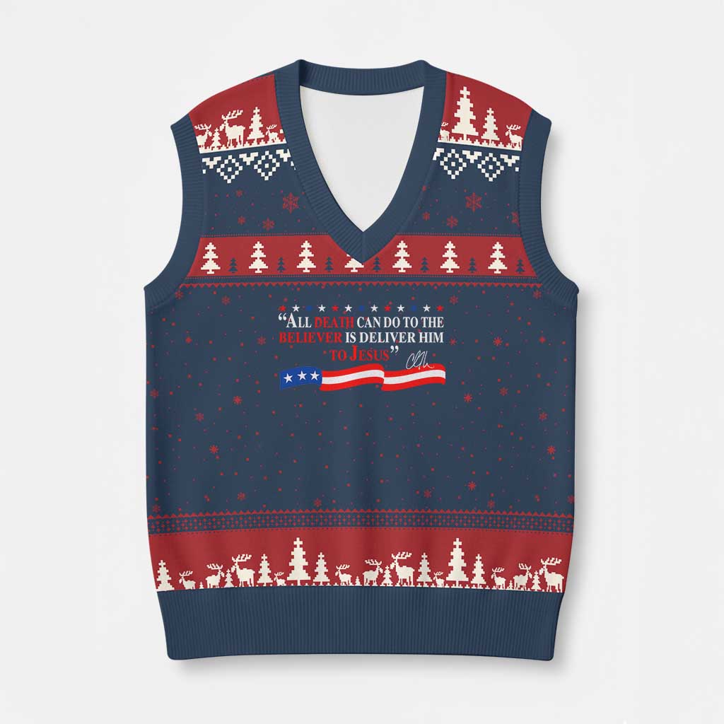 Patriotic Christian Faith V-Neck Knit Sweater Vest All Death Can Do Is Deliver Him to Jesus TS02 Navy Red Print Your Wear