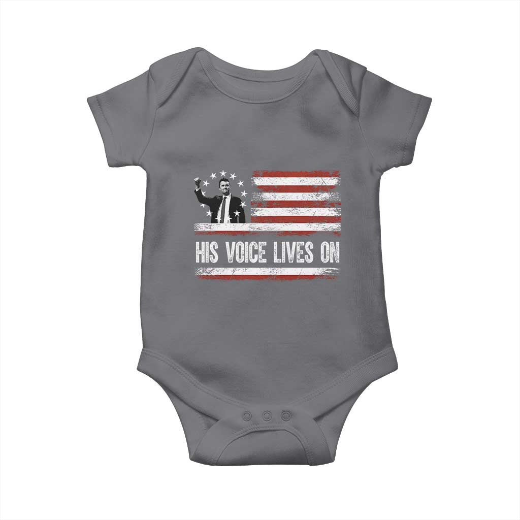 Charlie Kirk Memorial Baby Onesie His Voice Lives On Vintage Patriotic American Flag TS02 Charcoal Print Your Wear