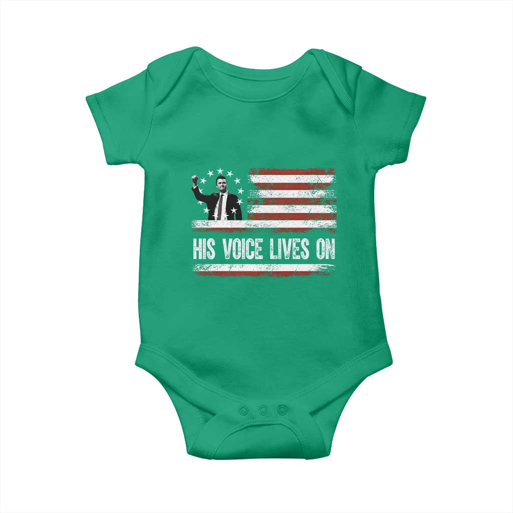 Charlie Kirk Memorial Baby Onesie His Voice Lives On Vintage Patriotic American Flag TS02 Irish Green Print Your Wear