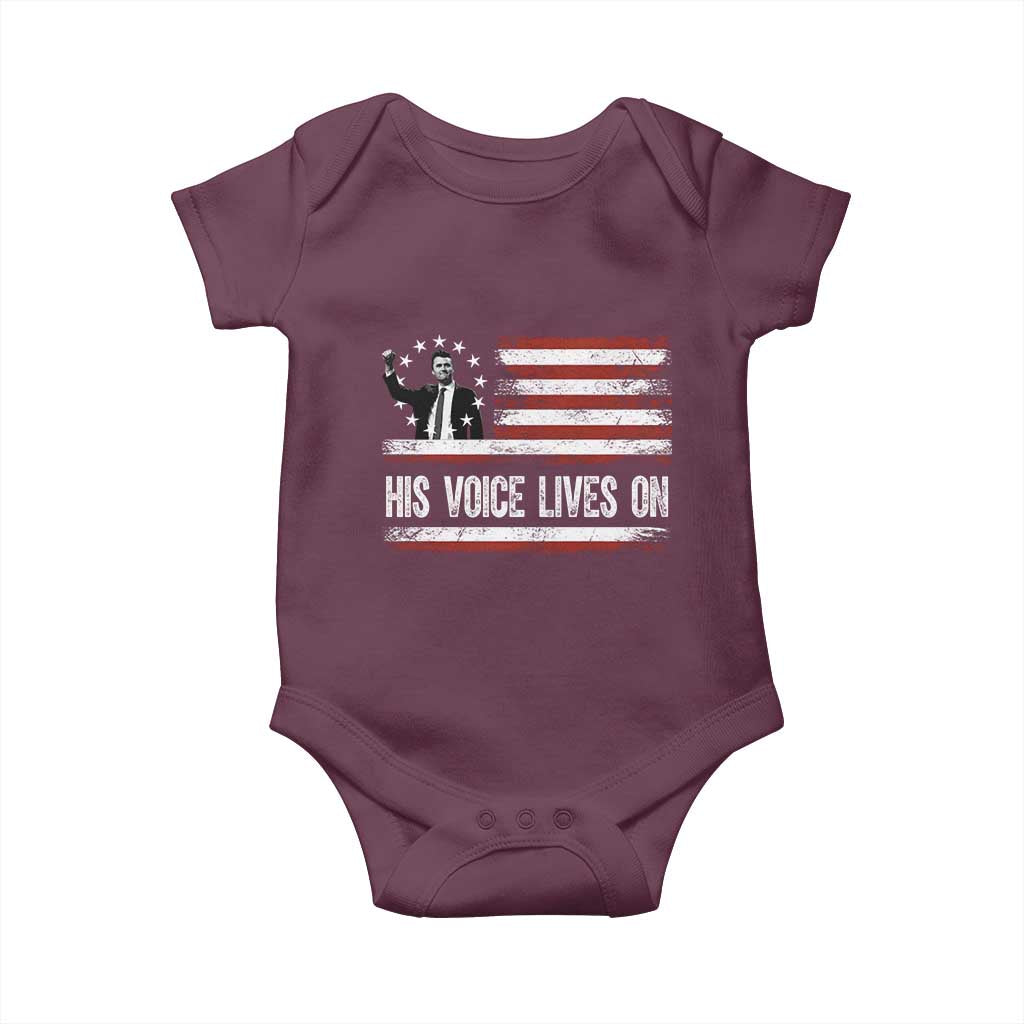 Charlie Kirk Memorial Baby Onesie His Voice Lives On Vintage Patriotic American Flag TS02 Maroon Print Your Wear