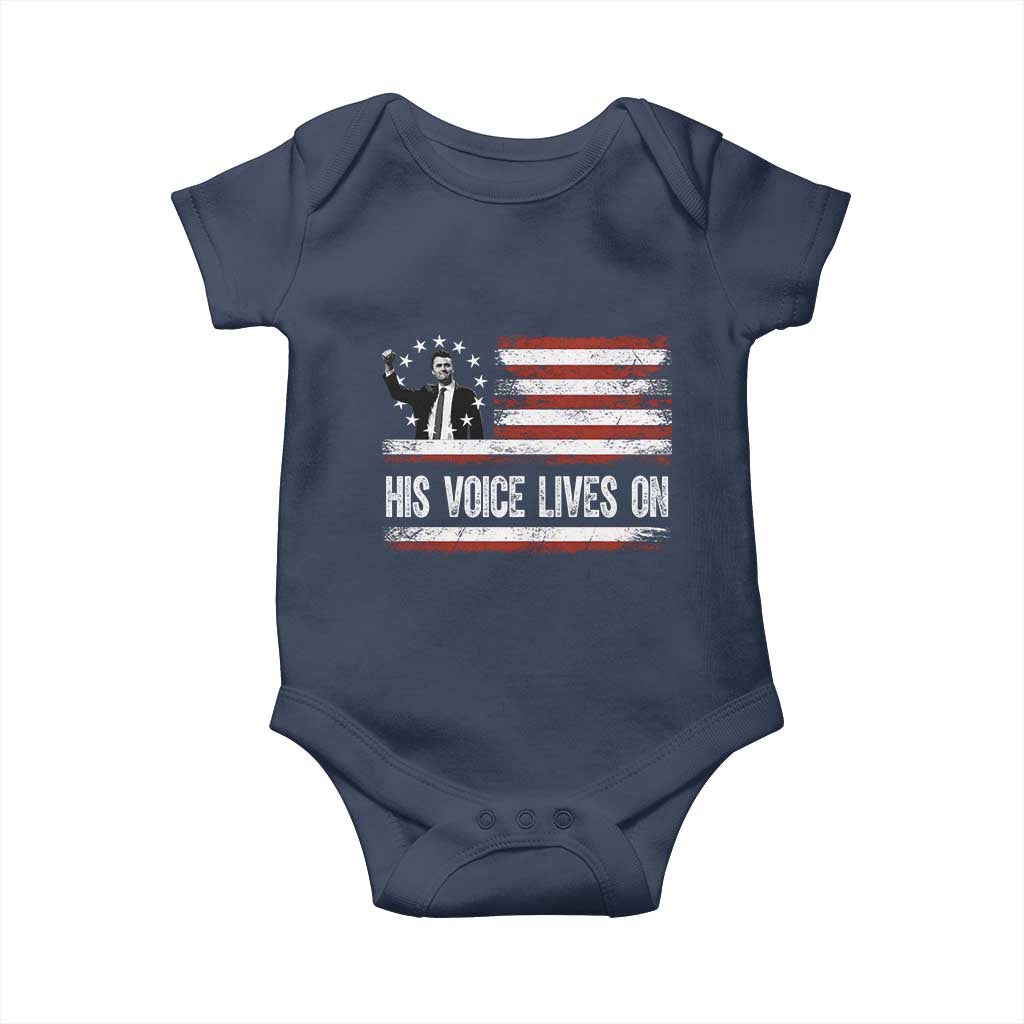 Charlie Kirk Memorial Baby Onesie His Voice Lives On Vintage Patriotic American Flag TS02 Navy Print Your Wear