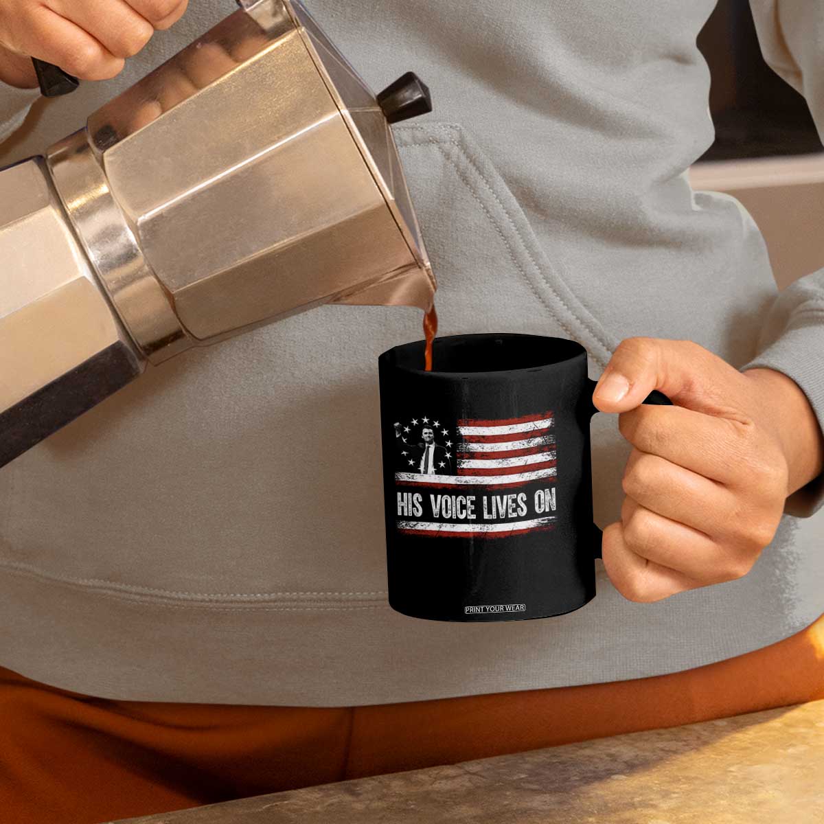 Charlie Kirk Memorial Coffee Mug His Voice Lives On Vintage Patriotic American Flag TS02 Print Your Wear
